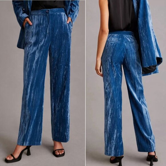 STELLA NOVA Livi PANTS Size 36 S Blue Crushed Velvet Straight Leg Pockets NEW - Picture 2 of 14